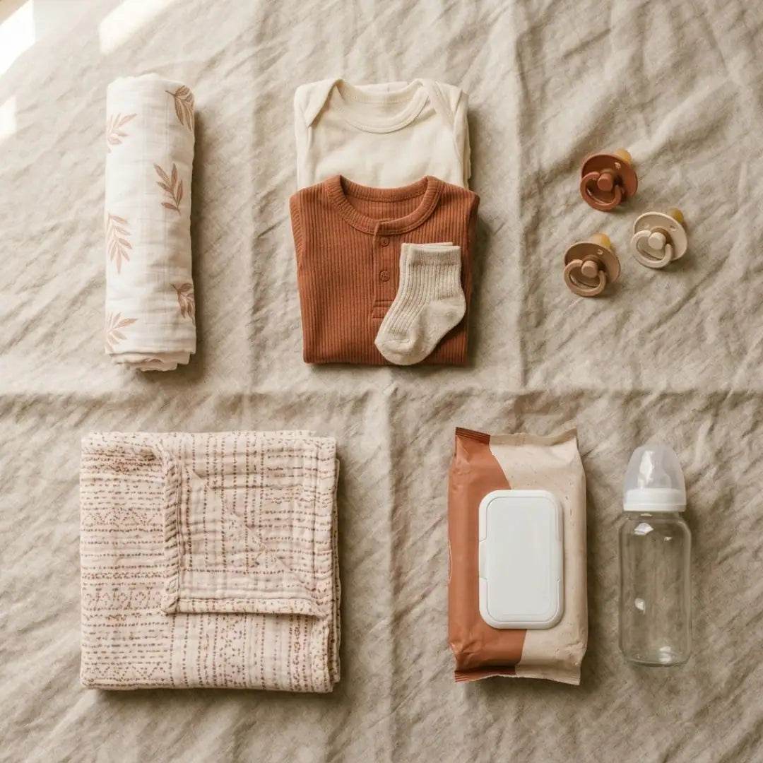 Vue du dessus des essentiels de bébé organisés par zone, illustrant l'idée d'anticipation et d'organisation sans montrer de sac précis.
