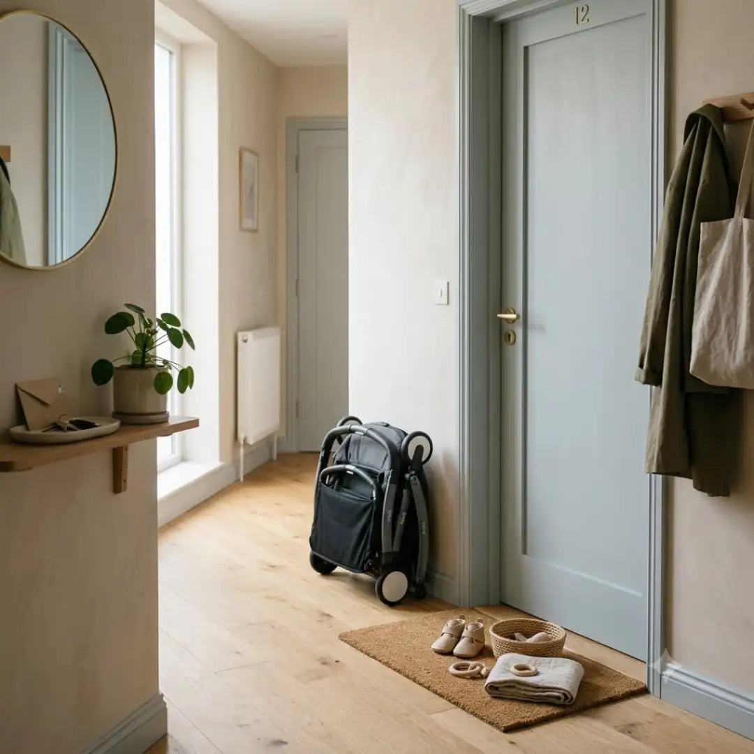 Entrée d'appartement le matin avec poussette moderne posée près de la porte, ambiance calme et lumineuse