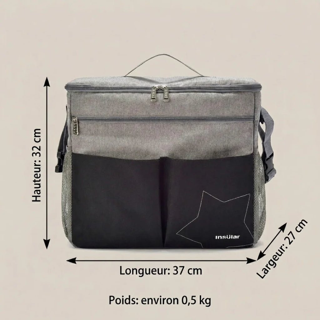 Infographie des dimensions du sac à langer pour poussette : 37 x 32 x 27 cm, 500 g