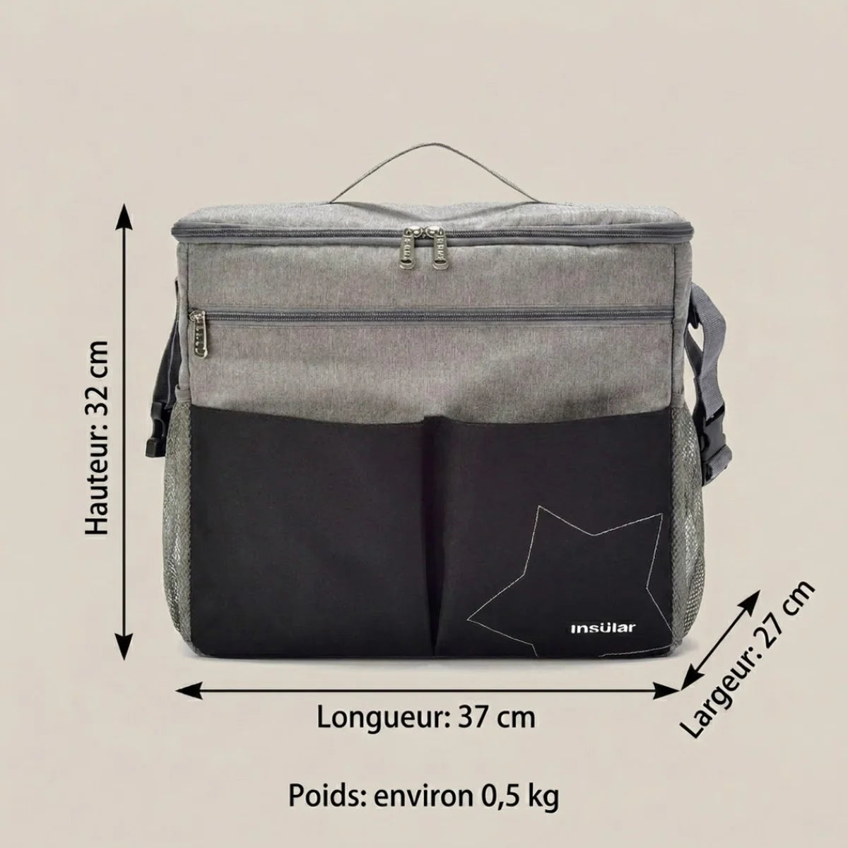 Infographie des dimensions du sac à langer pour poussette : 37 x 32 x 27 cm, 500 g