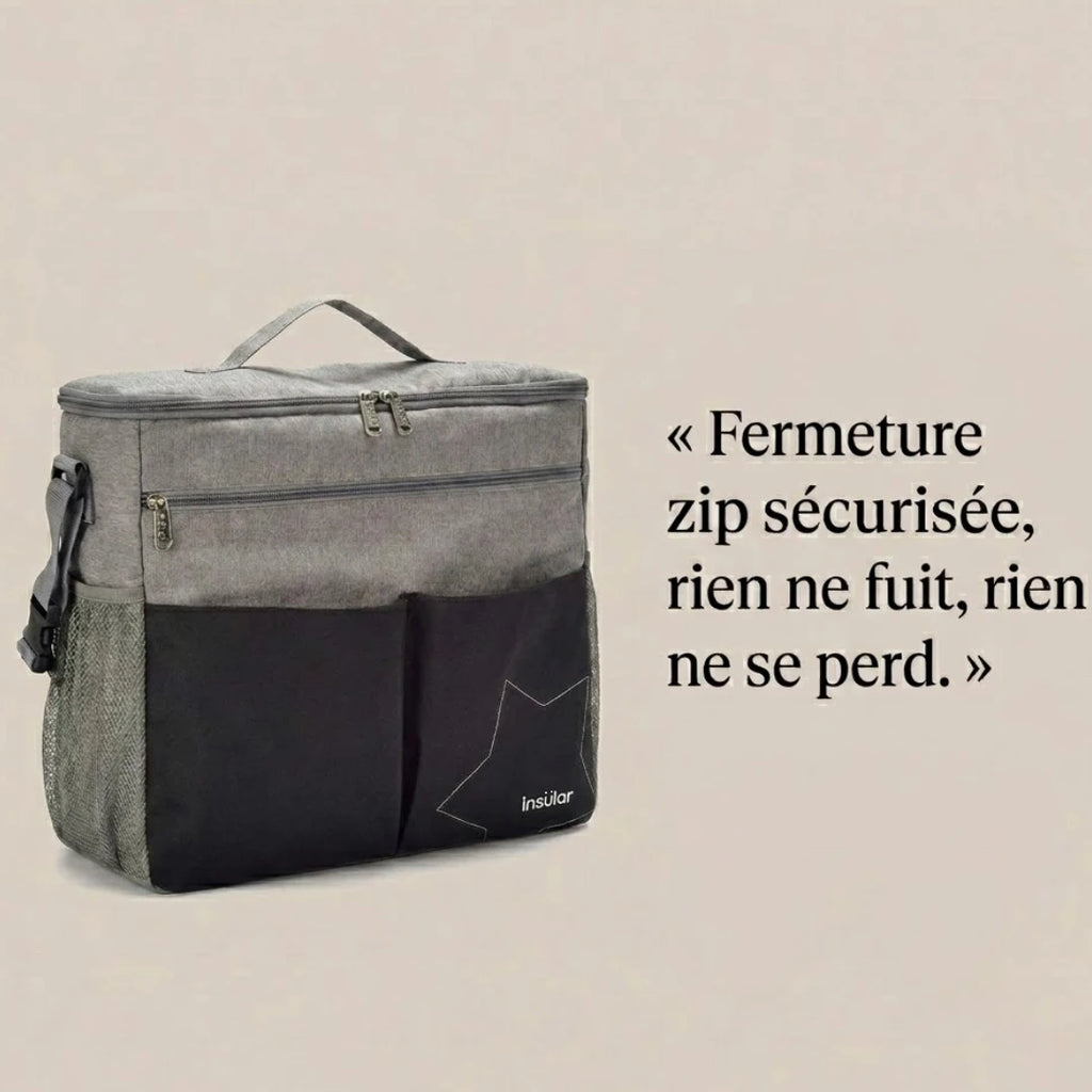 Sac à langer pour poussette avec fermeture zip sécurisée, protège des fuites et pertes d'objets