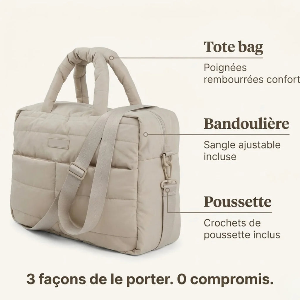 infographie des différentes façon de porter le grand sac à langer matelassé
