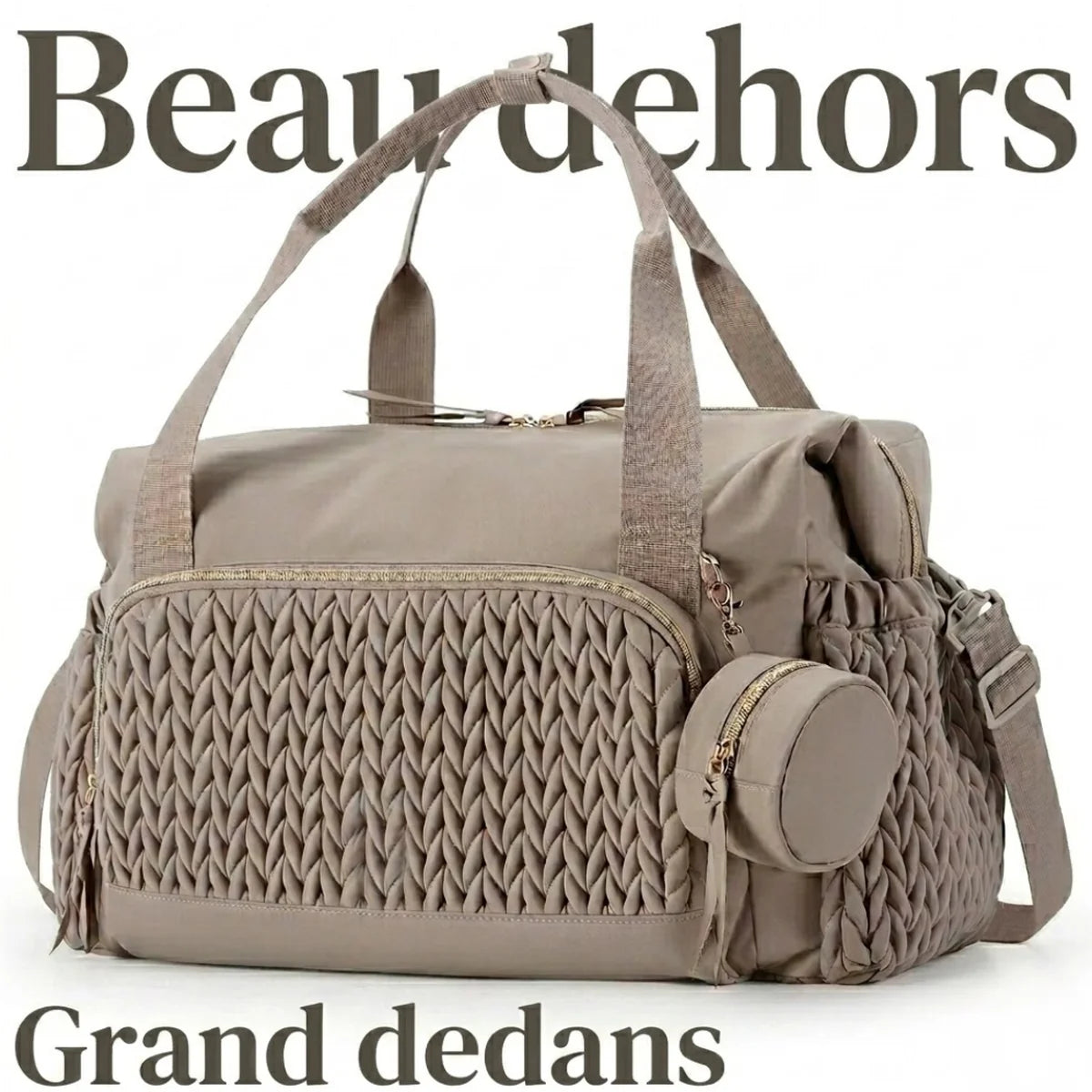 infographie du grand sac à langer bébé tressé, qui met en avant le fait d'avoir un beau sac sans pour autant faire un compromis de place