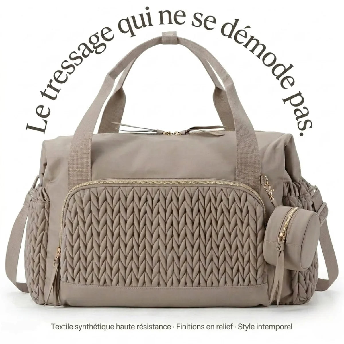 infographie du grand sac à langer bébé tressé qui met en avant le tressage du sac et son style intemporel