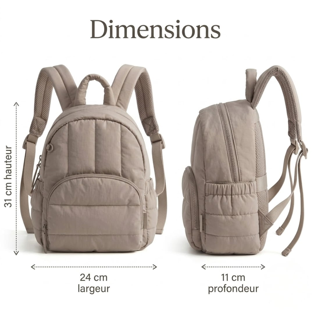 infographie visant les dimension du petit sac à langer minimaliste marron