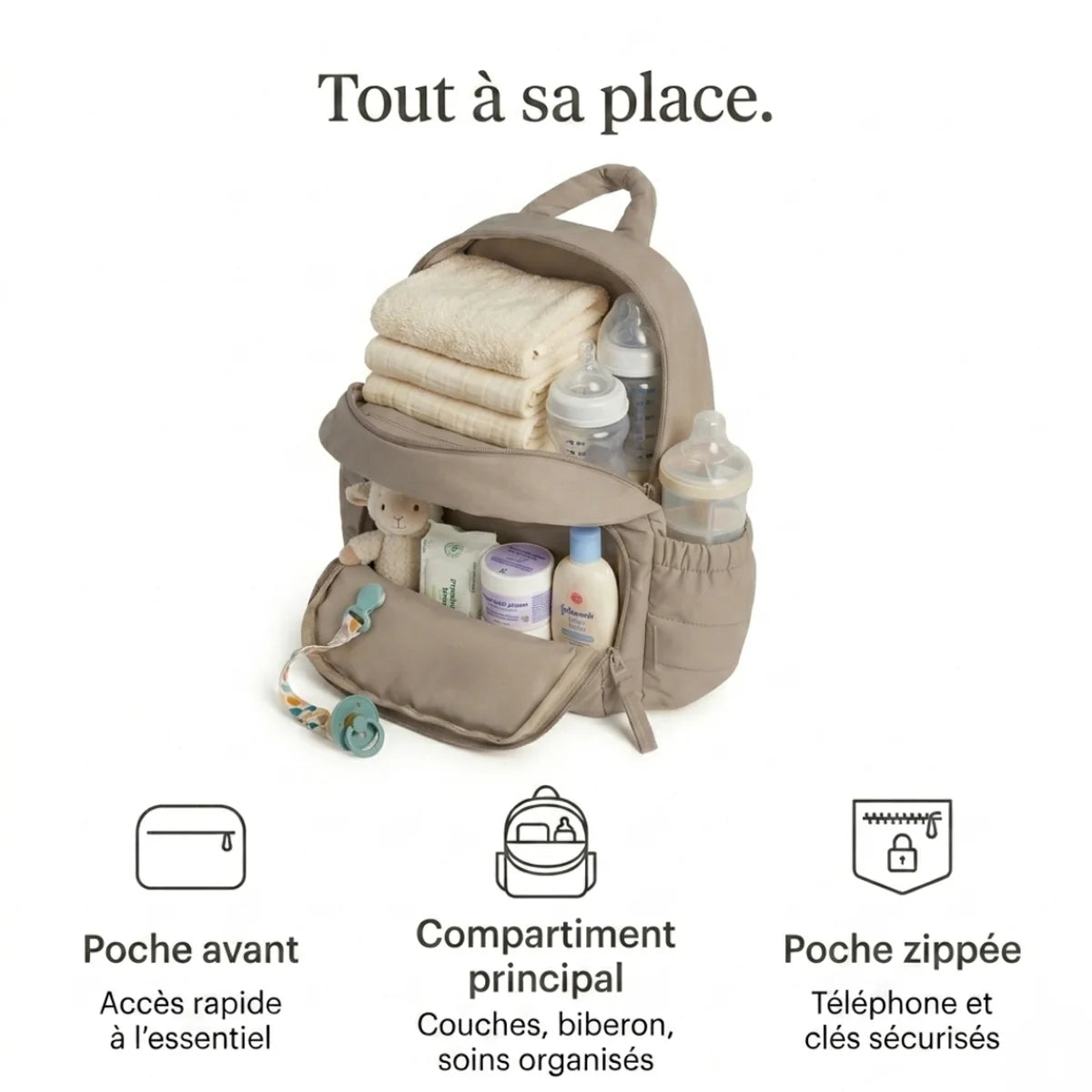 infographie sur le volume et les différents objet pouvant être mis dans le petit sac à langer minimaliste marron.
