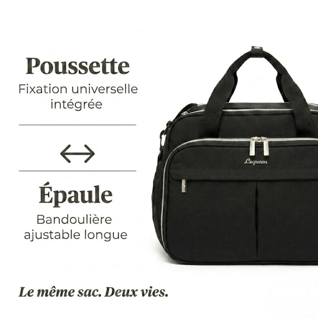 infographie sur la fixation poussette et le portage épaule du sac à langer bandoulière Urbain noir