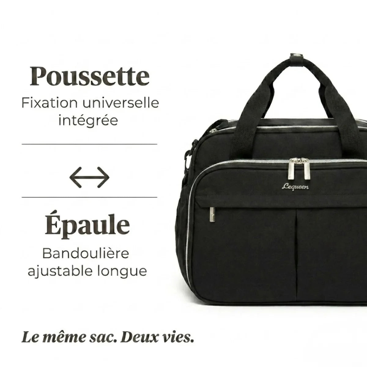 infographie sur la fixation poussette et le portage épaule du sac à langer bandoulière Urbain noir