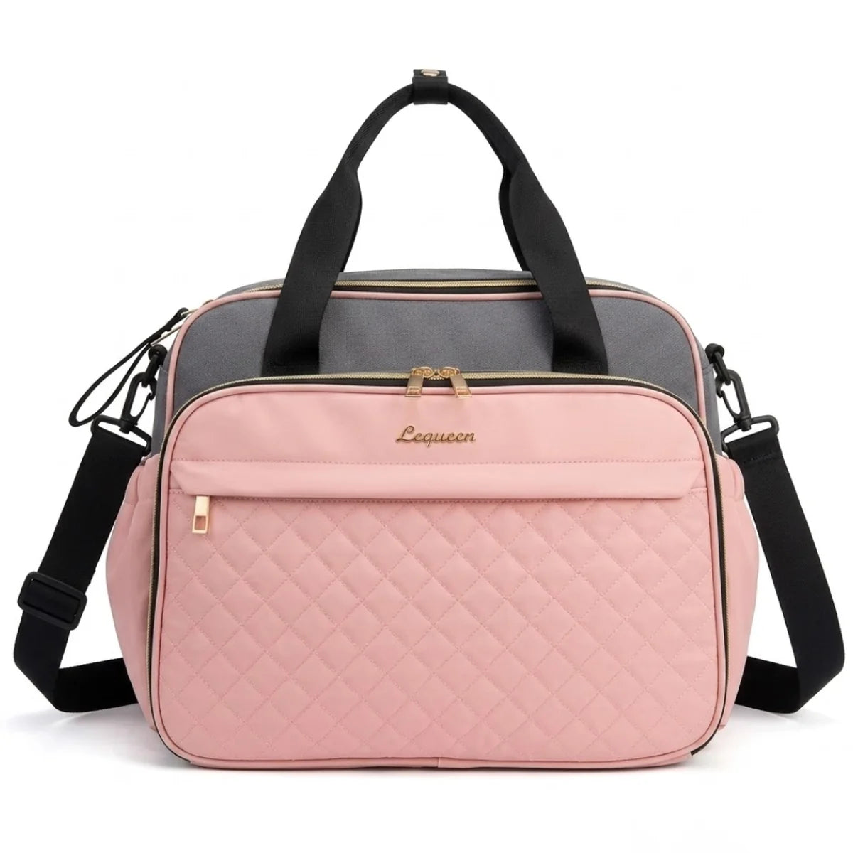 vue du sac à langer noir coloris rose et gris