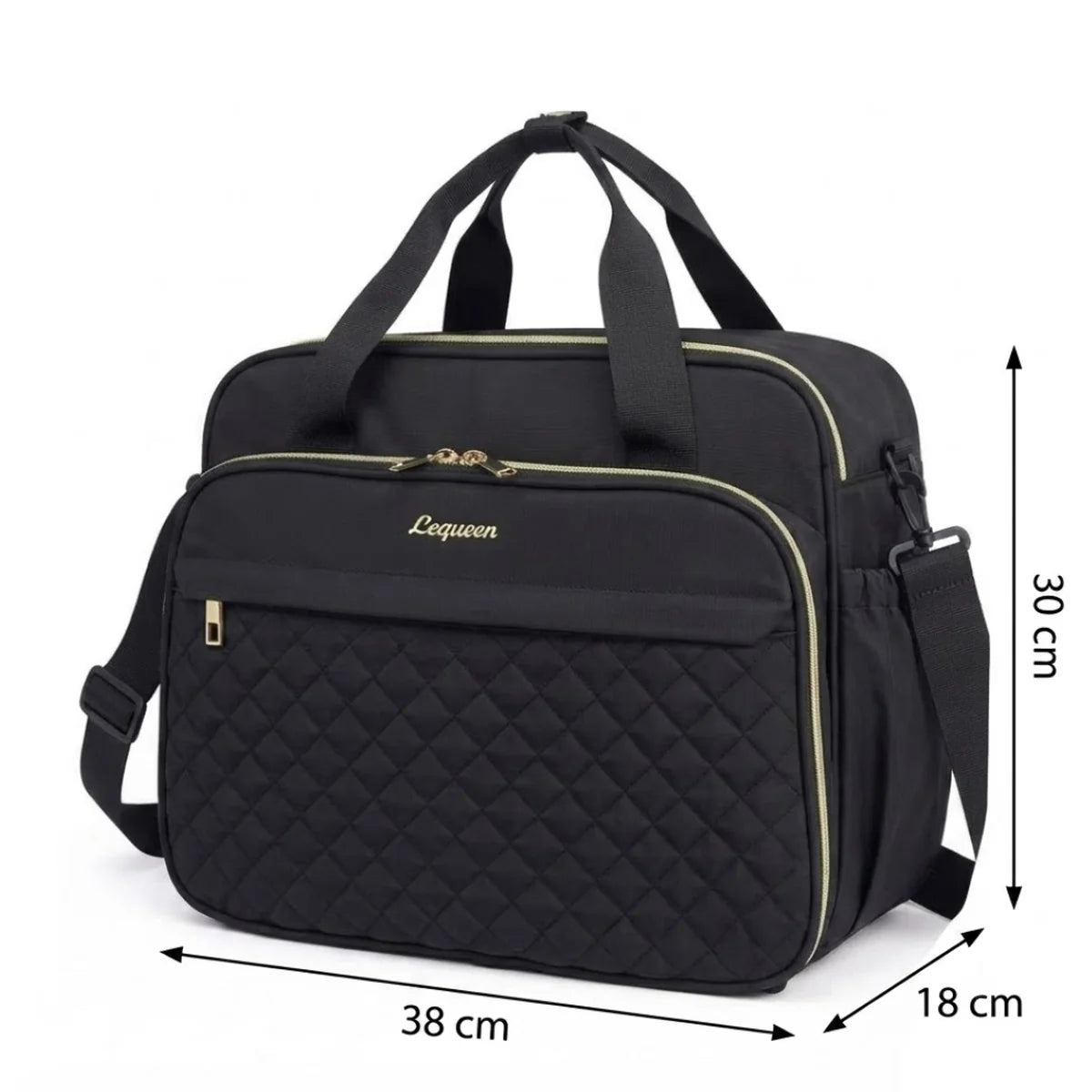 Sac à langer noir basic avec dimensions 38x18x30 cm, tissu oxford matelassé losanges, finitions dorées