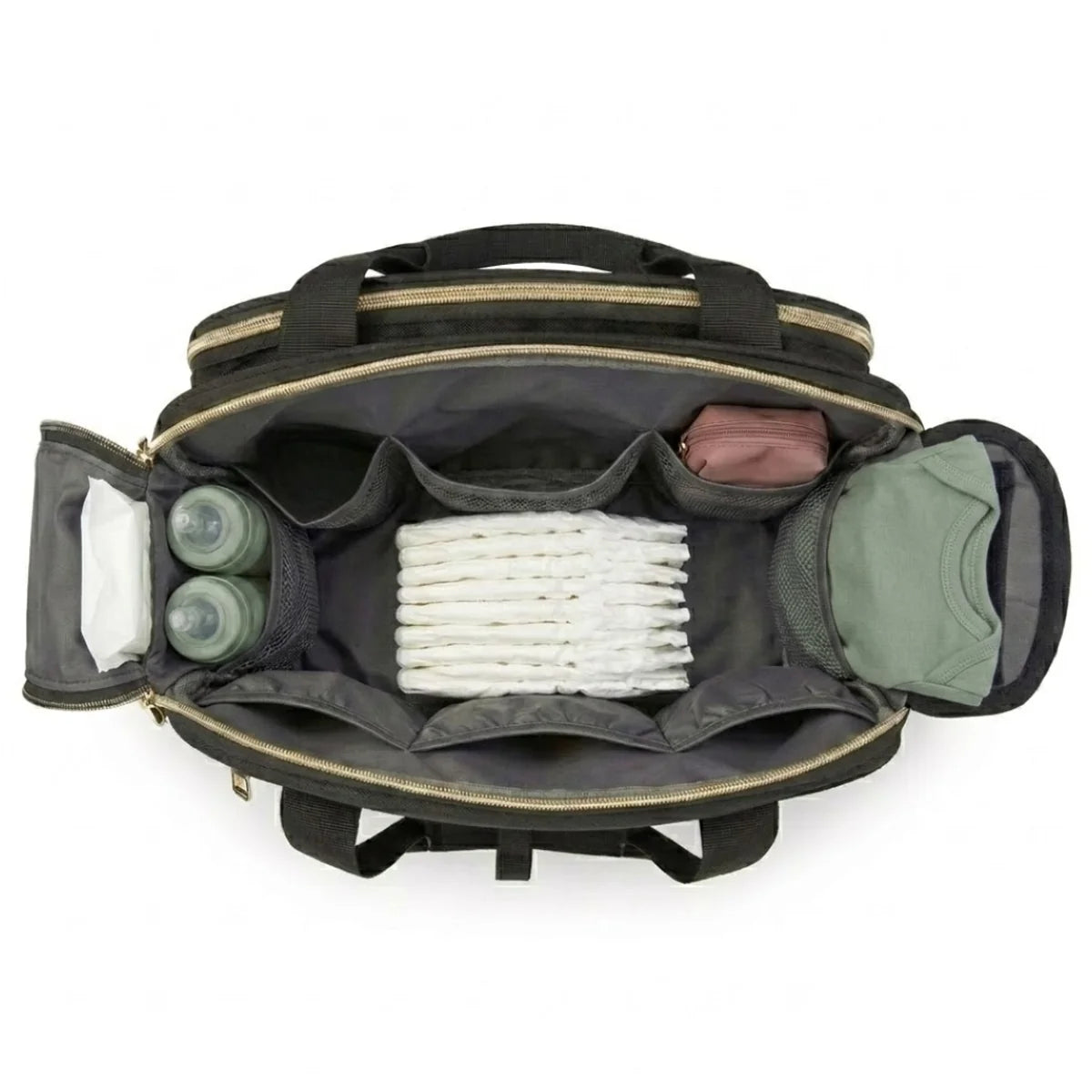 Vue intérieur du sac à langer noir basic avec biberons, couches et body bébé rangés dans les compartiments