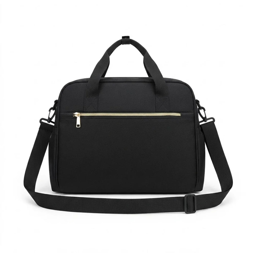 Vue de face de la poche dorsale du sac à langer noir basic ouverte avec, accès sécurisé