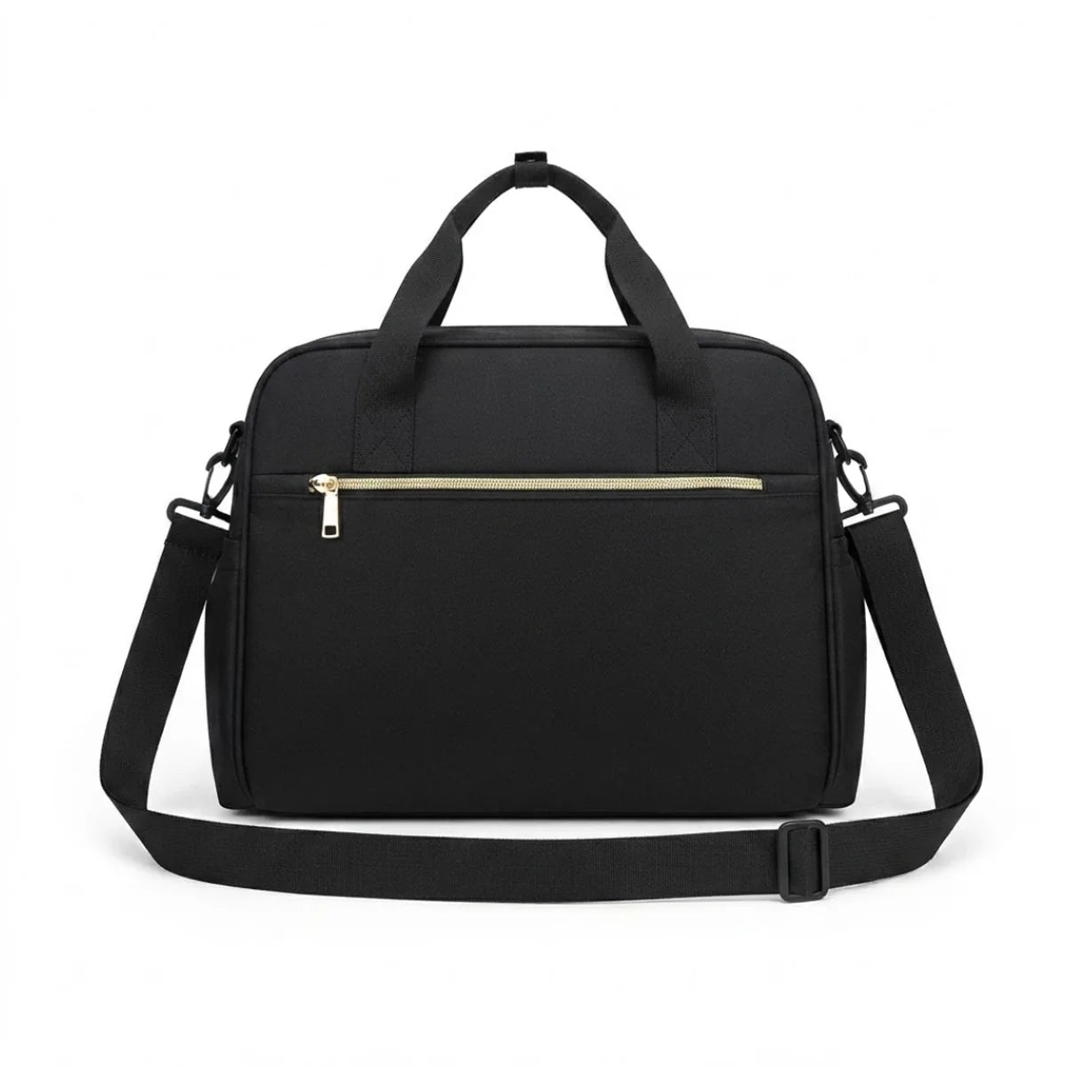 Vue de face de la poche dorsale du sac à langer noir basic ouverte avec, accès sécurisé