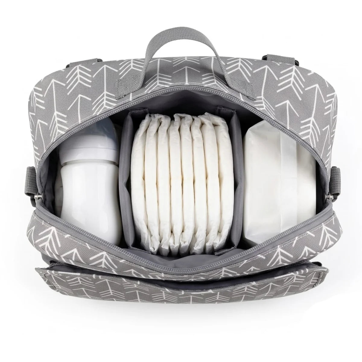 vue de dessus de l'intérieur du sac à langer pour poussette organisateur gris