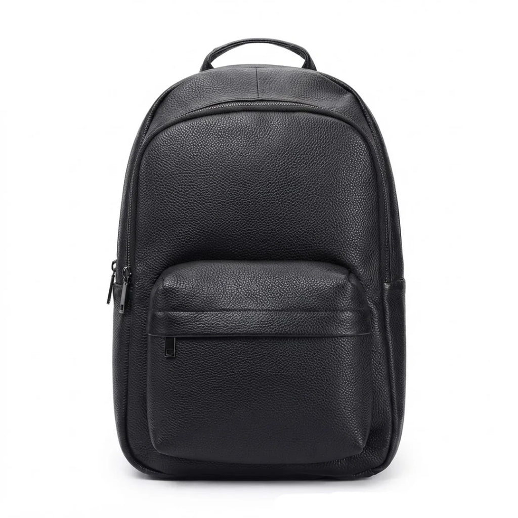 Vue du Sac à Langer en Cuir Noir Épuré de face, poche frontale structurée et poignée souple visibles.