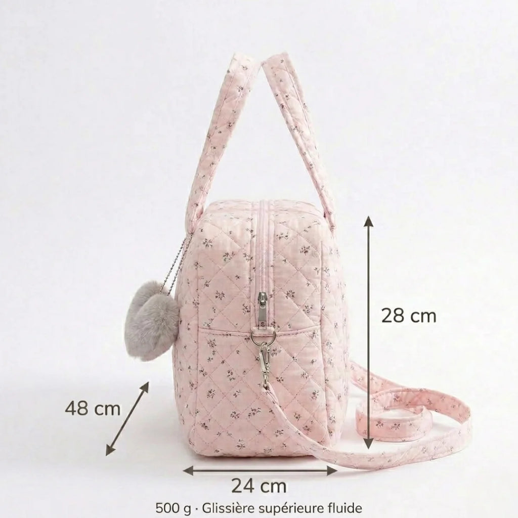Sac à langer gaz de coton matelassé et cœur - infographie dimensions 48x24x28cm.