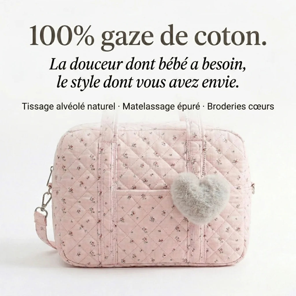 Sac à langer gaz de coton matelassé et cœur - infographie douceur 100% gaze de coton naturelle.
