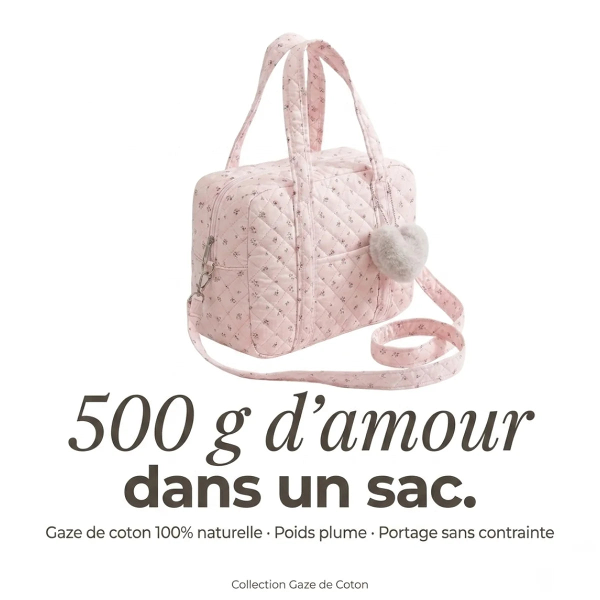 Sac à langer gaz de coton matelassé et cœur - infographie poids 500g portage sans contrainte.