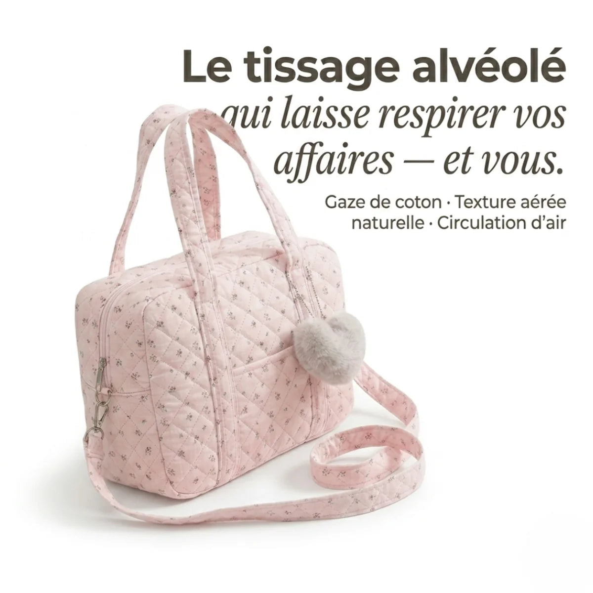 Sac à langer gaz de coton matelassé et cœur - infographie respirabilité tissage alvéolé.