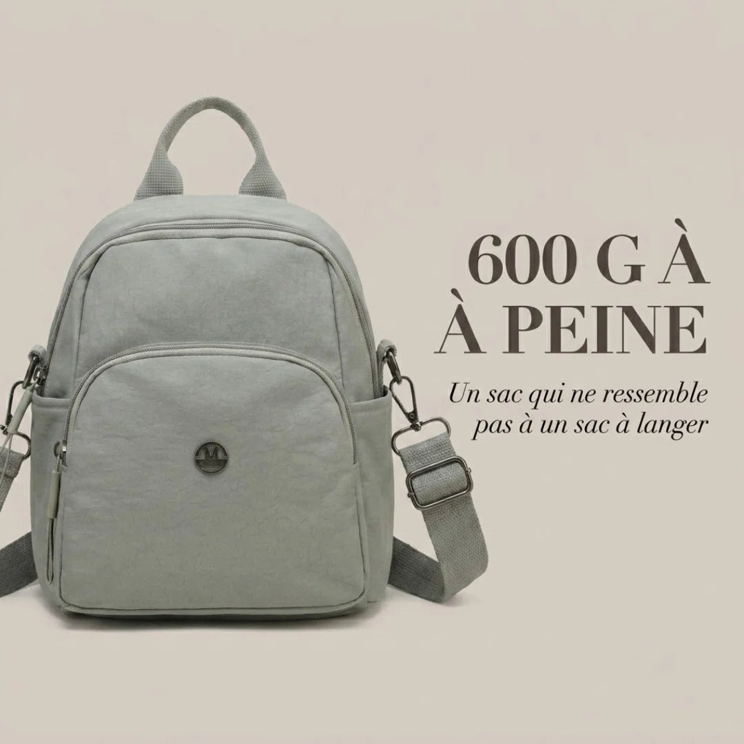 Petit sac à langer Convertible, infographie poids et discrétion, 600 g à peine, ne ressemble pas à un sac à langer.