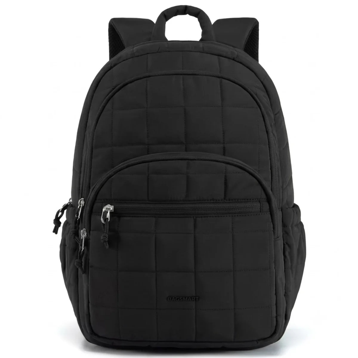 Vue de la variante noir du sac à dos à langer matelassé, vue de face.