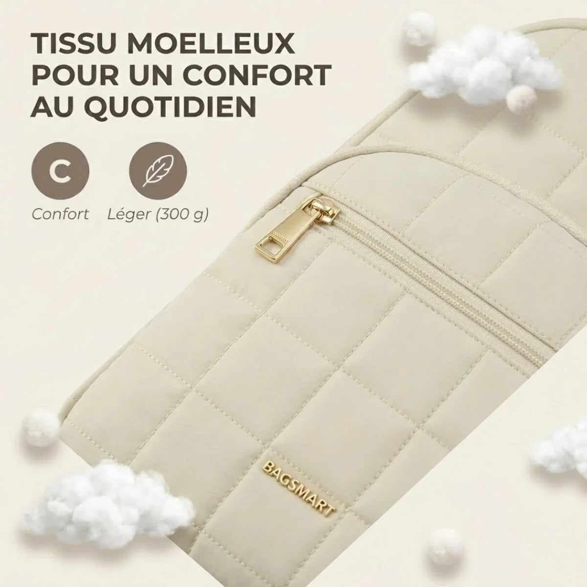 Vue du sac à dos à langer matelassé en gros plan sur le tissu près du zip, infographie "Tissu moelleux pour un confort au quotidien" avec badges Confort et Léger (300 g), nuages décoratifs.