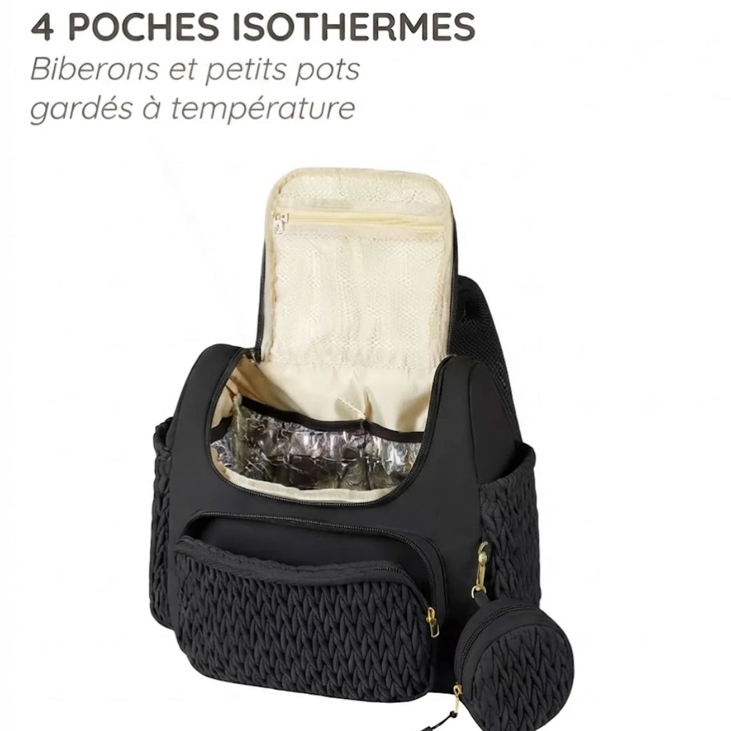 Vue du sac à langer à poches isothermes ouvert, montrant le compartiment principal avec sa doublure isotherme.