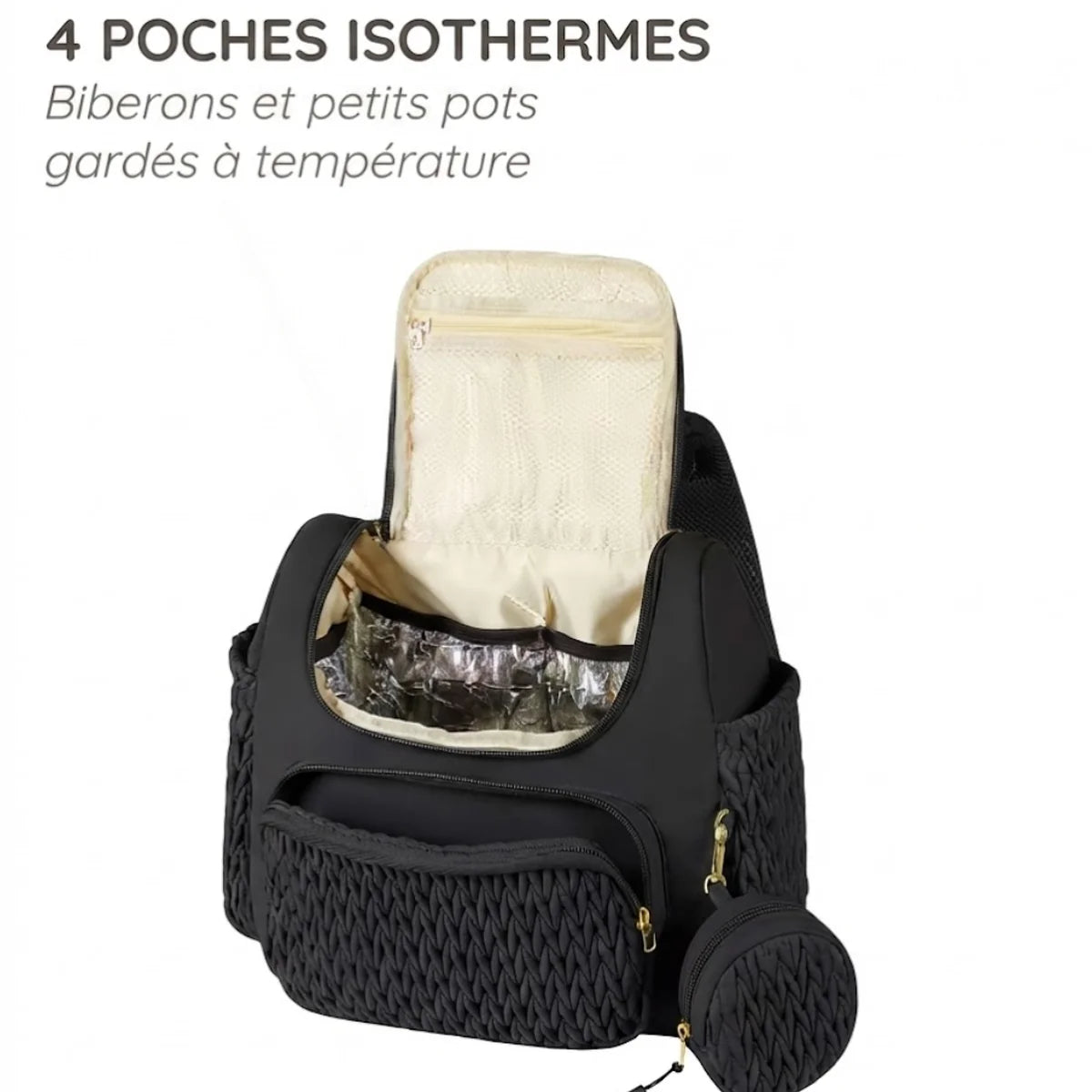 Vue du sac à langer à poches isothermes ouvert, montrant le compartiment principal avec sa doublure isotherme.