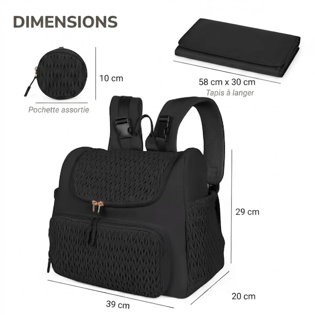 Vue du sac à langer à poches isothermes en trois-quarts avec cotes de dimensions (39 x 20 x 29 cm), accompagné de la pochette ronde (10 cm) et du tapis à langer (58 x 30 cm) sur les côtés.
