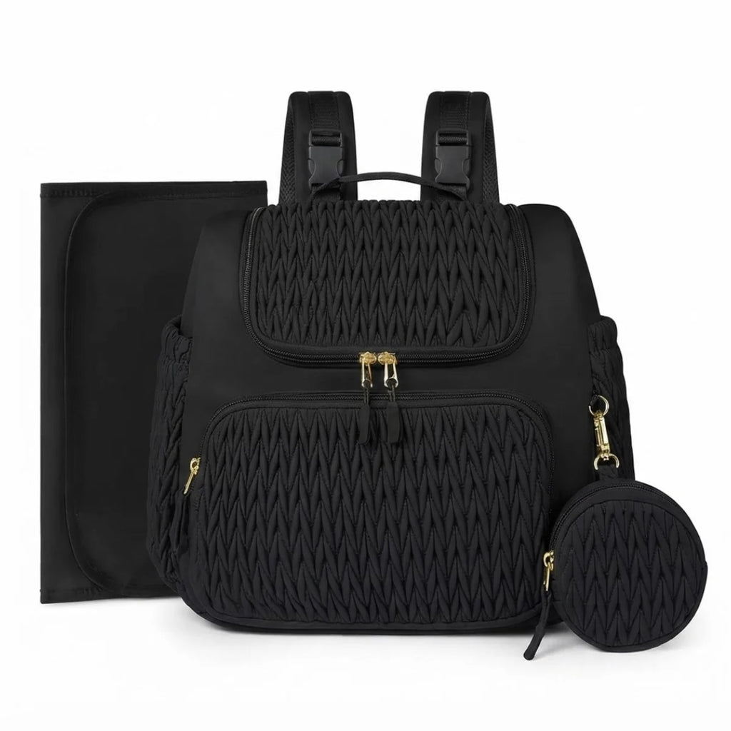 Vue du sac à langer à poches isothermes accompagné du tapis à langer et de la pochette ronde assortie, posés côte à côte sur fond blanc.