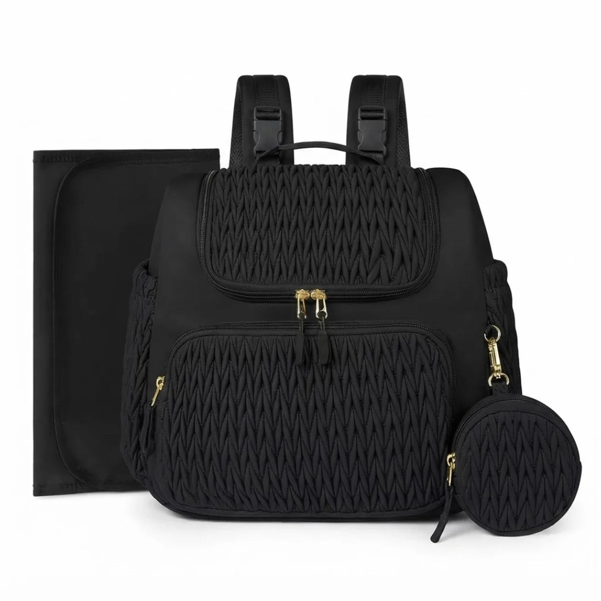 Vue du sac à langer à poches isothermes accompagné du tapis à langer et de la pochette ronde assortie, posés côte à côte sur fond blanc.