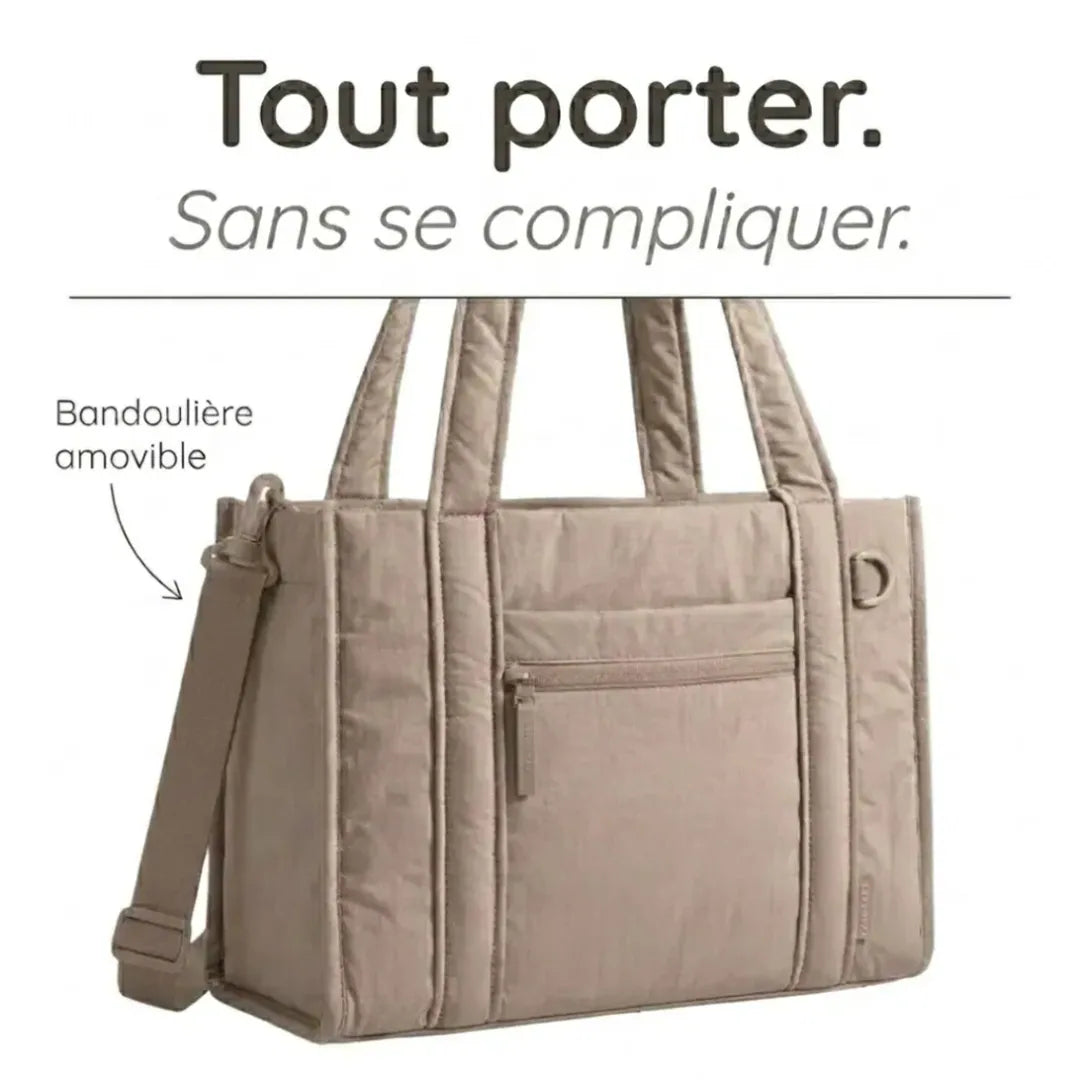 Sac à langer beige fourre-tout avec bandoulière amovible, portage épaule, tissu matelassé doux