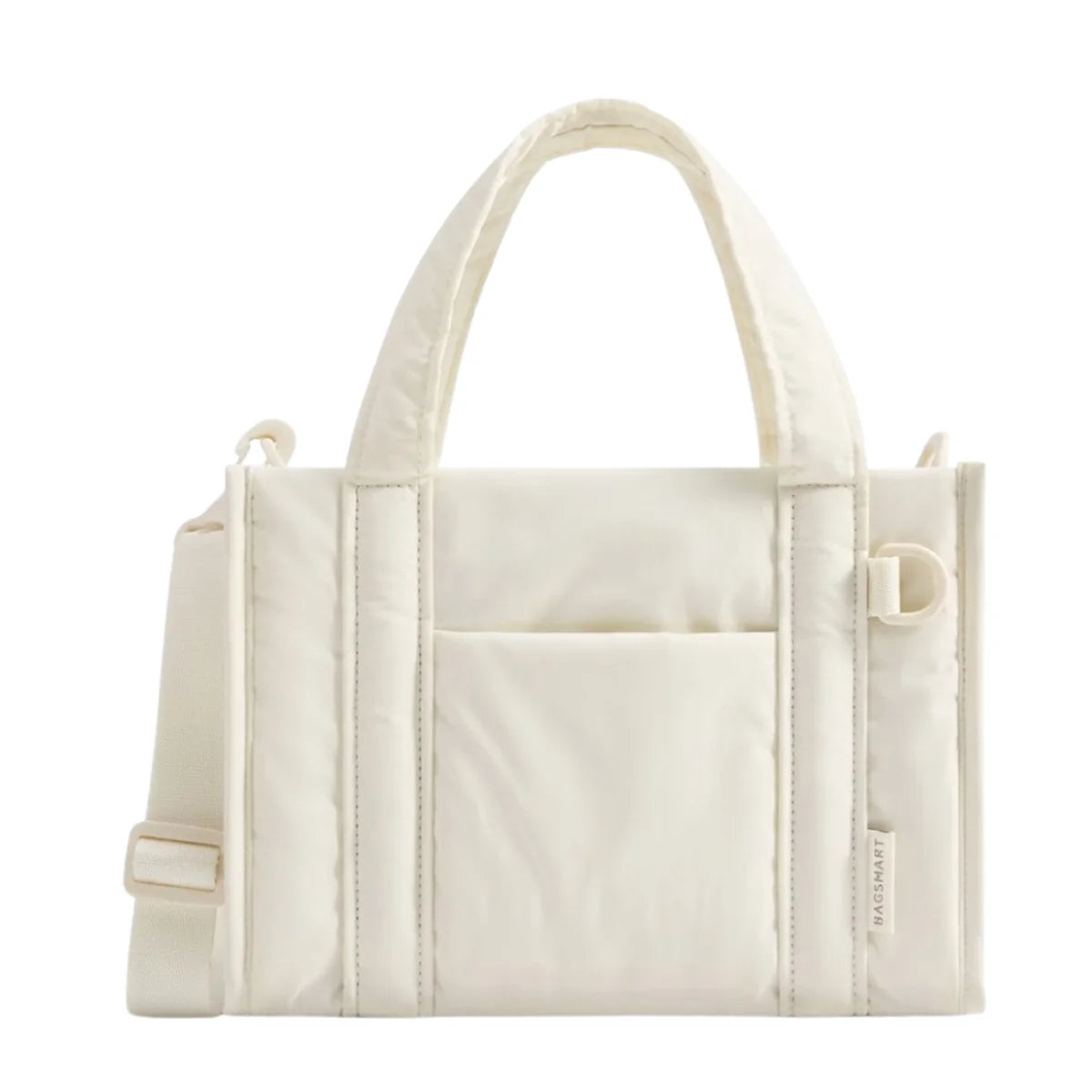 Sac à langer beige fourre-tout coloris blanc, vue de face, tissu matelassé, bandoulière réglable