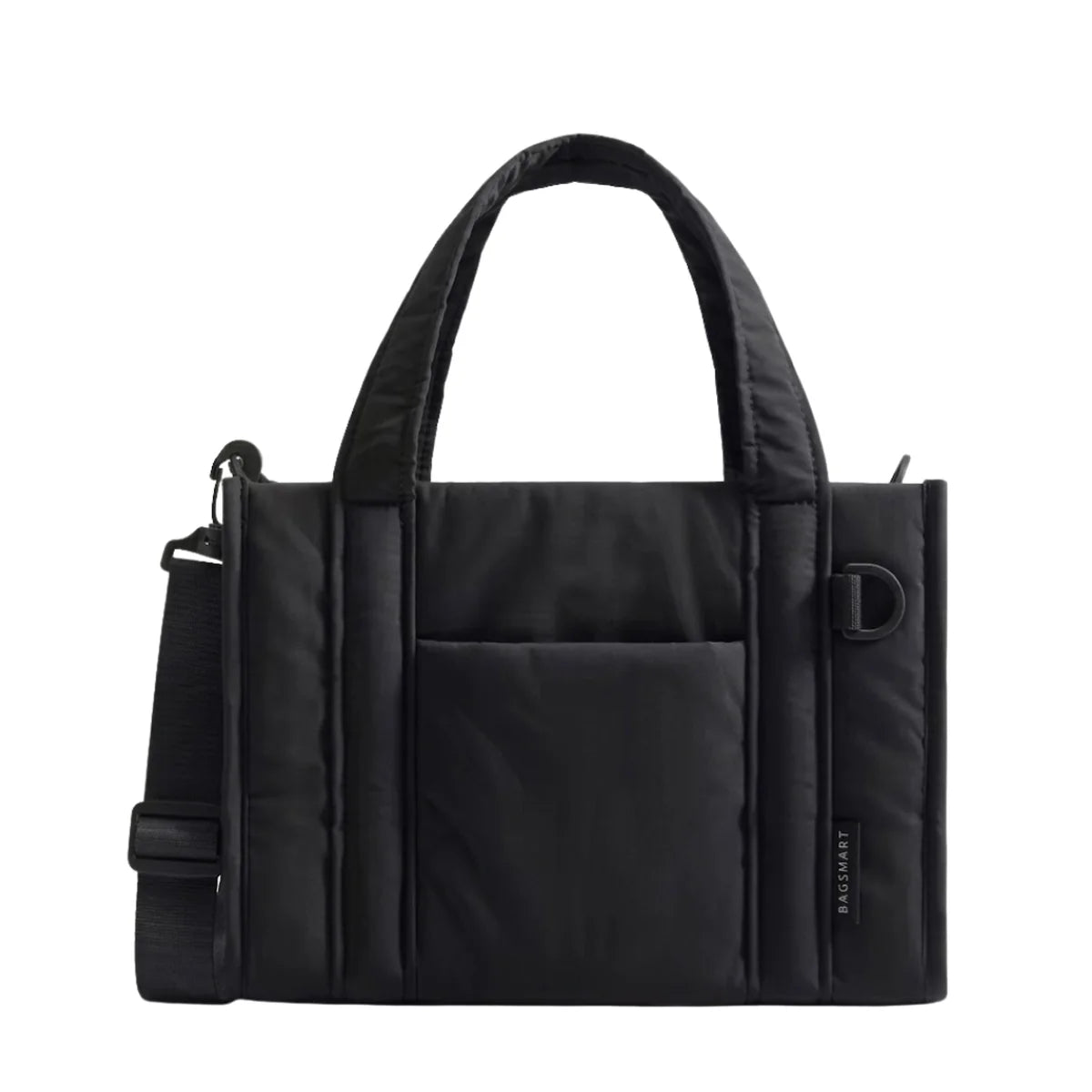 Sac à langer beige fourre-tout coloris noir, vue de face, tissu matelassé, poche avant visible