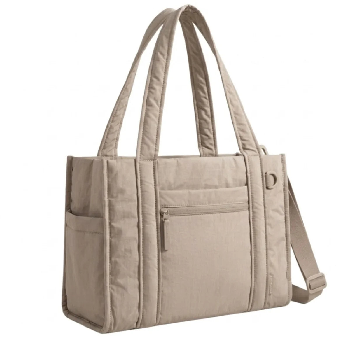 Sac à langer beige fourre-tout coloris sable, vue 3/4, bandoulière amovible