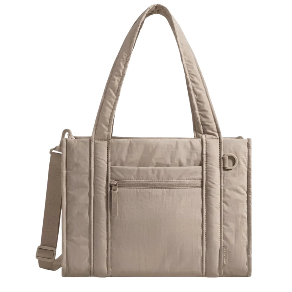 Sac à langer beige fourre-tout coloris beige, vue de face, tissu matelassé doux, poche avant zippée