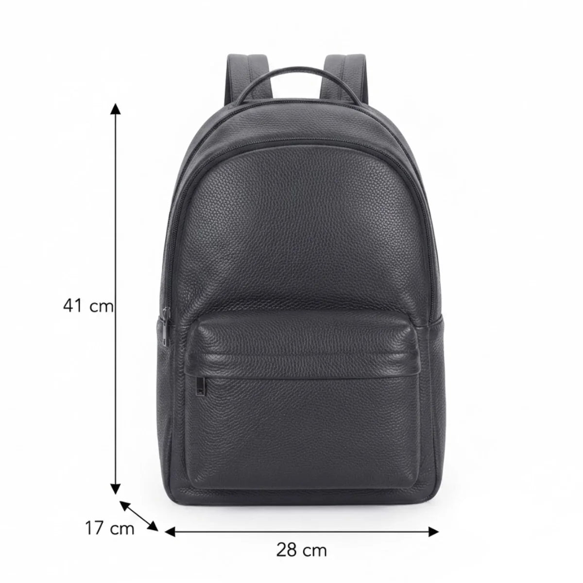  Vue du Sac à Langer en Cuir Noir Épuré présentant les dimensions 41 × 28 × 17 cm avec flèches de mesures.
