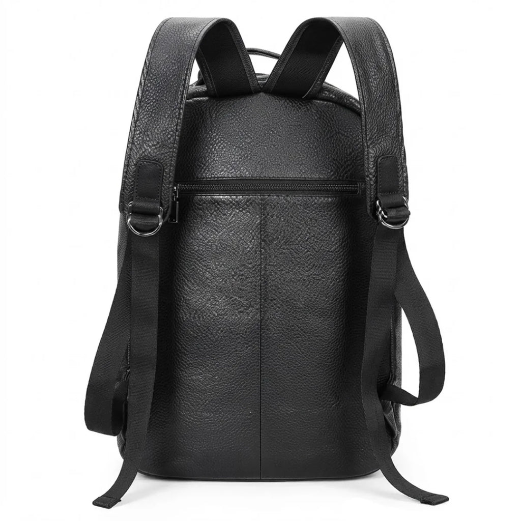 Vue du Sac à Langer en Cuir Noir Épuré de dos, poche zippée dorsale et système de portage bandoulière arquée.