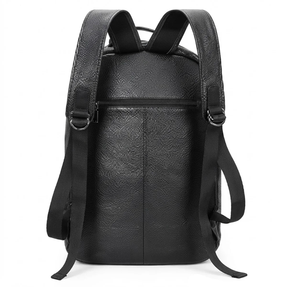 Vue du Sac à Langer en Cuir Noir Épuré de dos, poche zippée dorsale et système de portage bandoulière arquée.