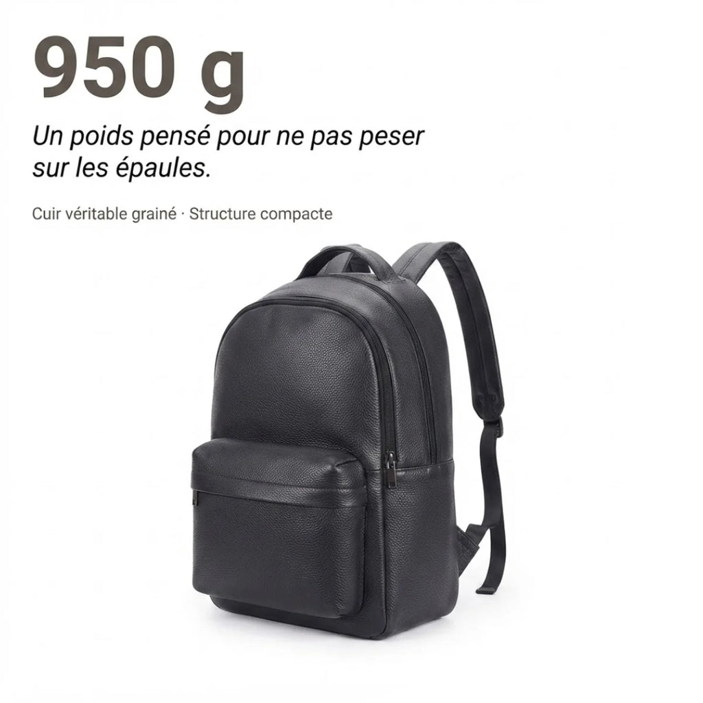 Vue du Sac à Langer en Cuir Noir Épuré indiquant un poids de 950 grammes en cuir véritable grainé