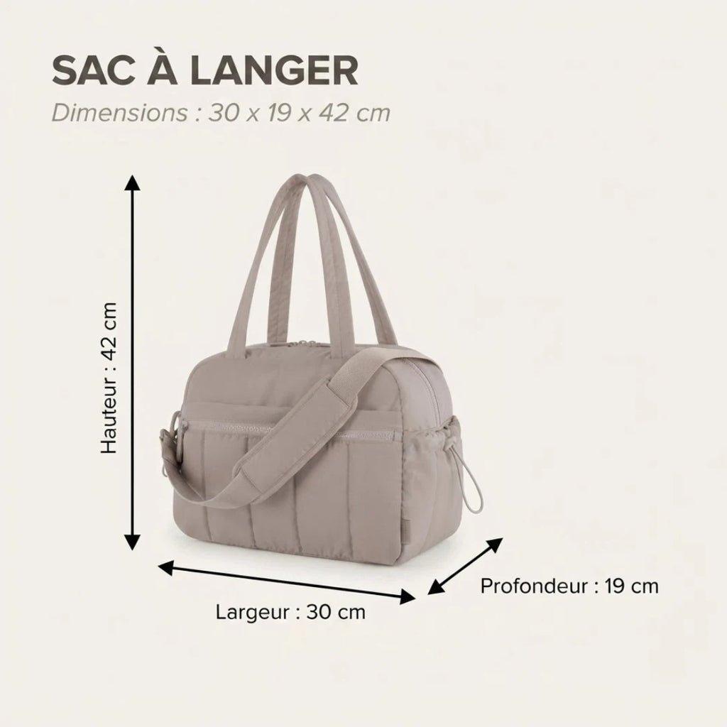 Vue du sac à langer déperlant matelassé avec infographie des dimensions (30 x 19 x 42 cm).