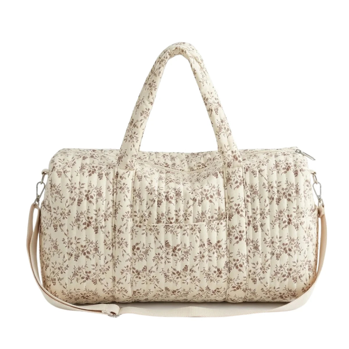 Vue du sac à langer fille floral grand format dans un coloris alternatif feuille et taupe, motif fond écru.