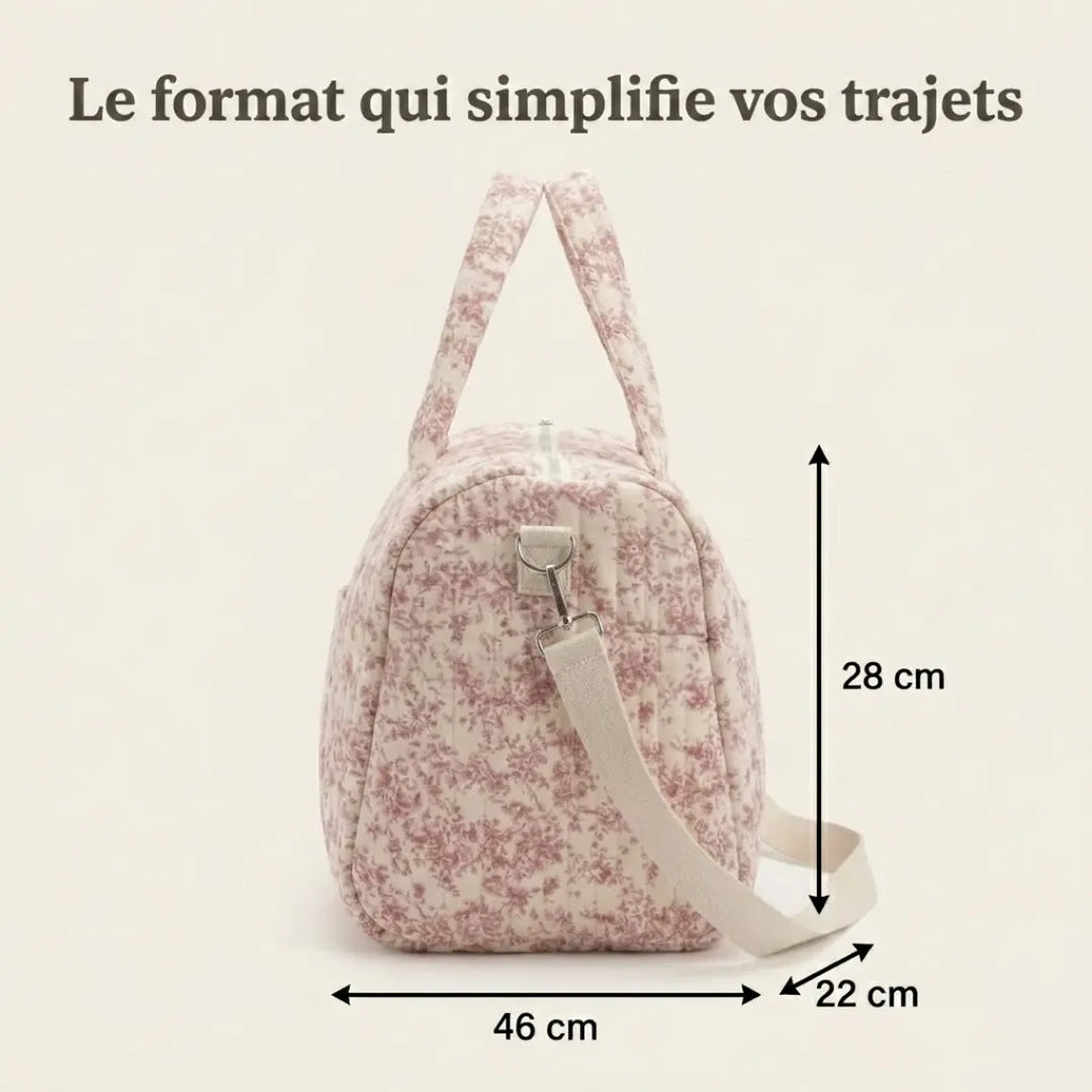 Vue du sac à langer fille floral grand format avec dimensions annotées par des flèches noires : 46 cm de longueur, 28 cm de hauteur et 22 cm de profondeur.