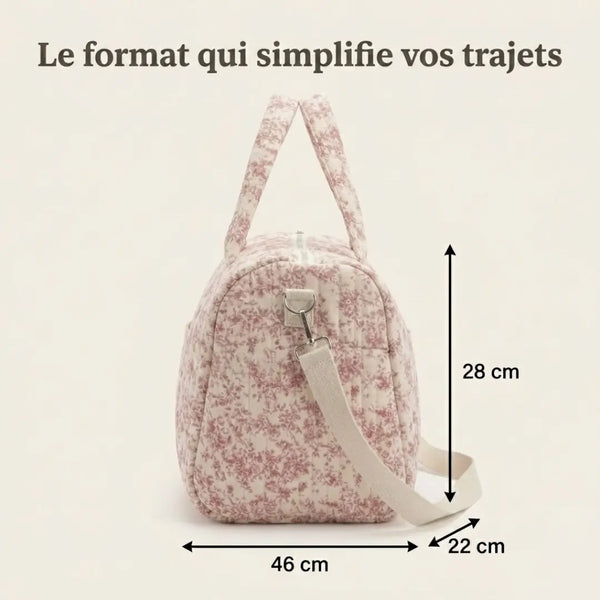 Vue du sac à langer fille floral grand format avec dimensions annotées par des flèches noires : 46 cm de longueur, 28 cm de hauteur et 22 cm de profondeur.