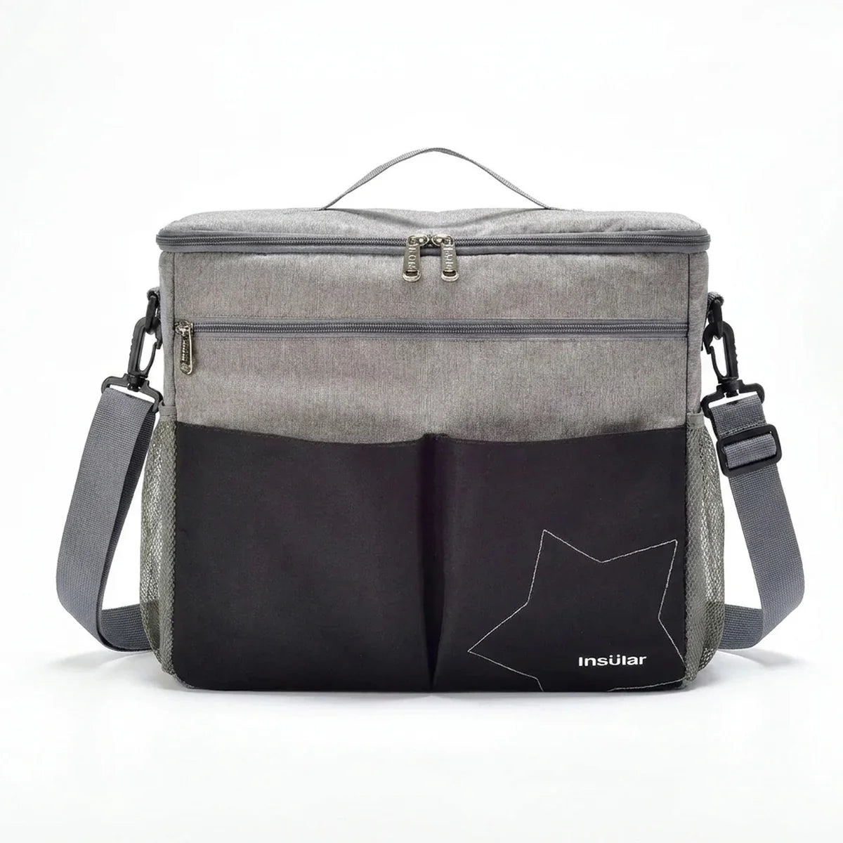 Sac à langer pour poussette imperméable gris, vue de face sur fond blanc