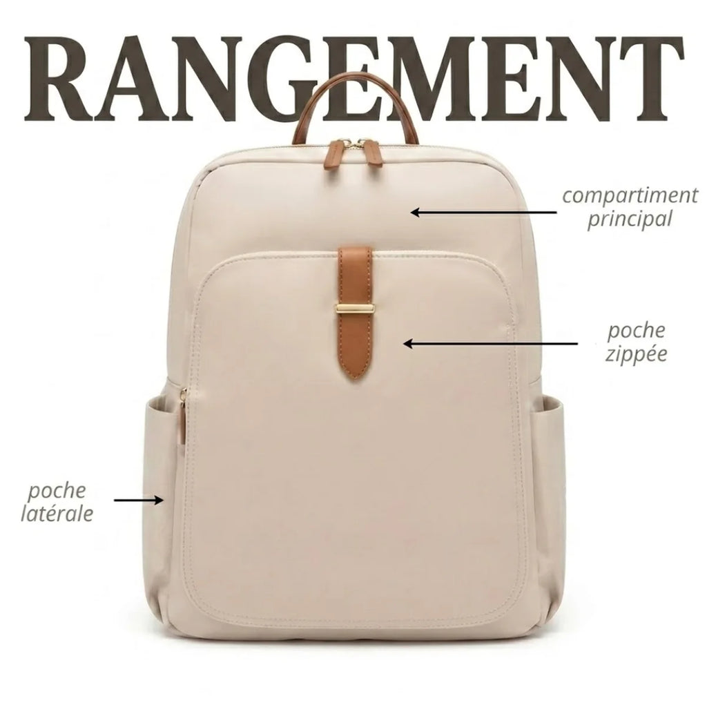 Vue du Sac à Langer Tissu Compact avec les zones de rangement annotées : compartiment principal, poche zippée et poche latérale.