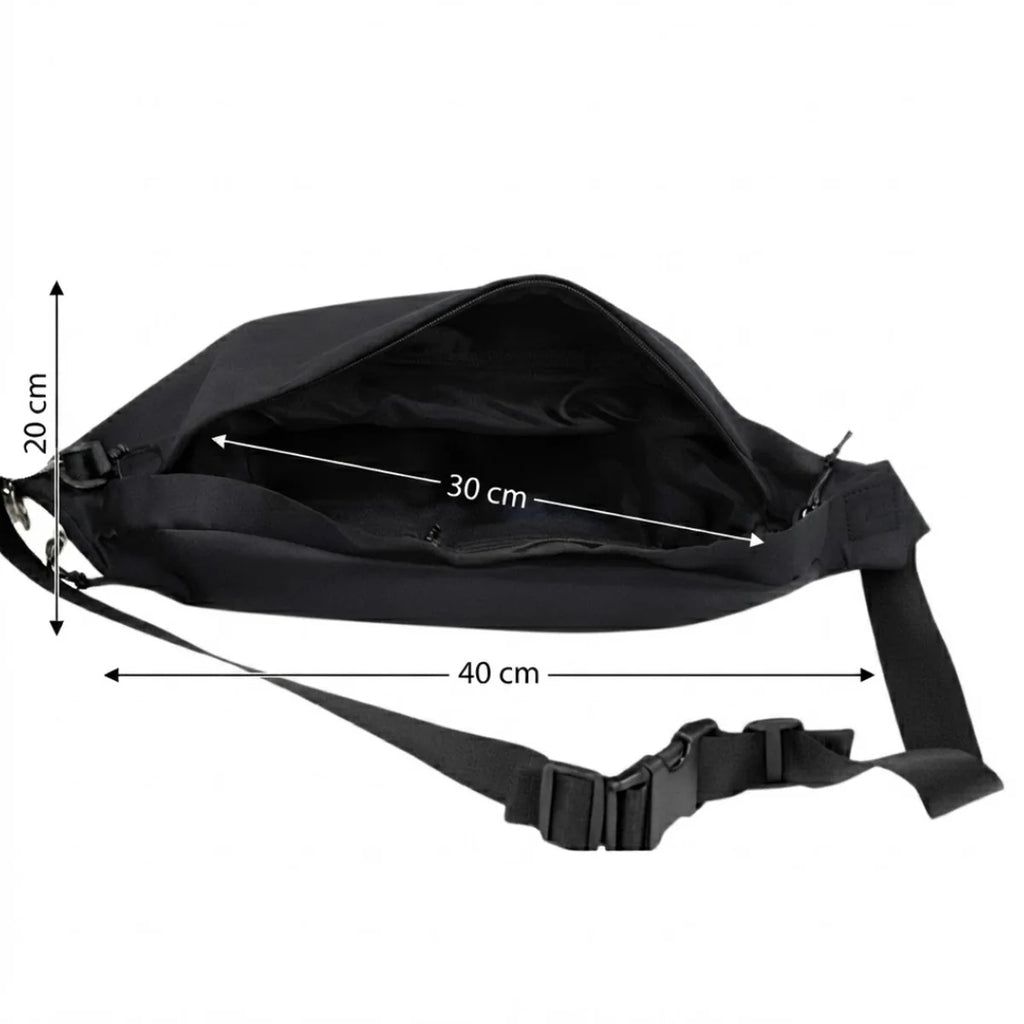 Vue du sac banane à langer grand format à plat, rabat ouvert, avec les flèches de mesure indiquant 40 cm de longueur, 30 cm de profondeur intérieure et 20 cm de hauteur.