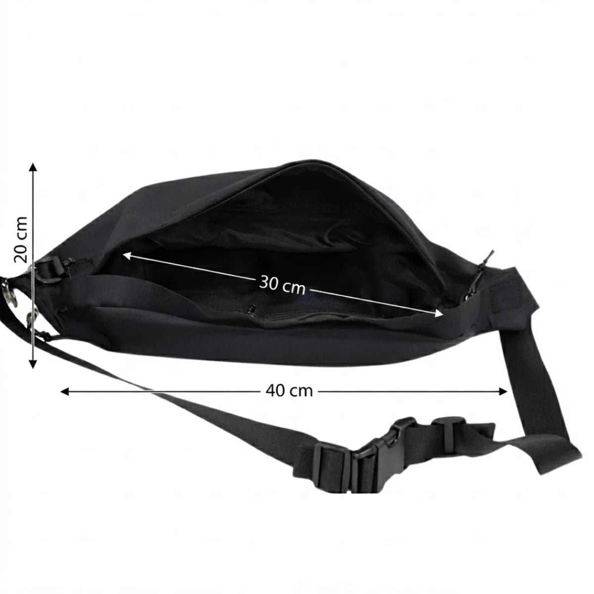 Vue du sac banane à langer grand format à plat, rabat ouvert, avec les flèches de mesure indiquant 40 cm de longueur, 30 cm de profondeur intérieure et 20 cm de hauteur.