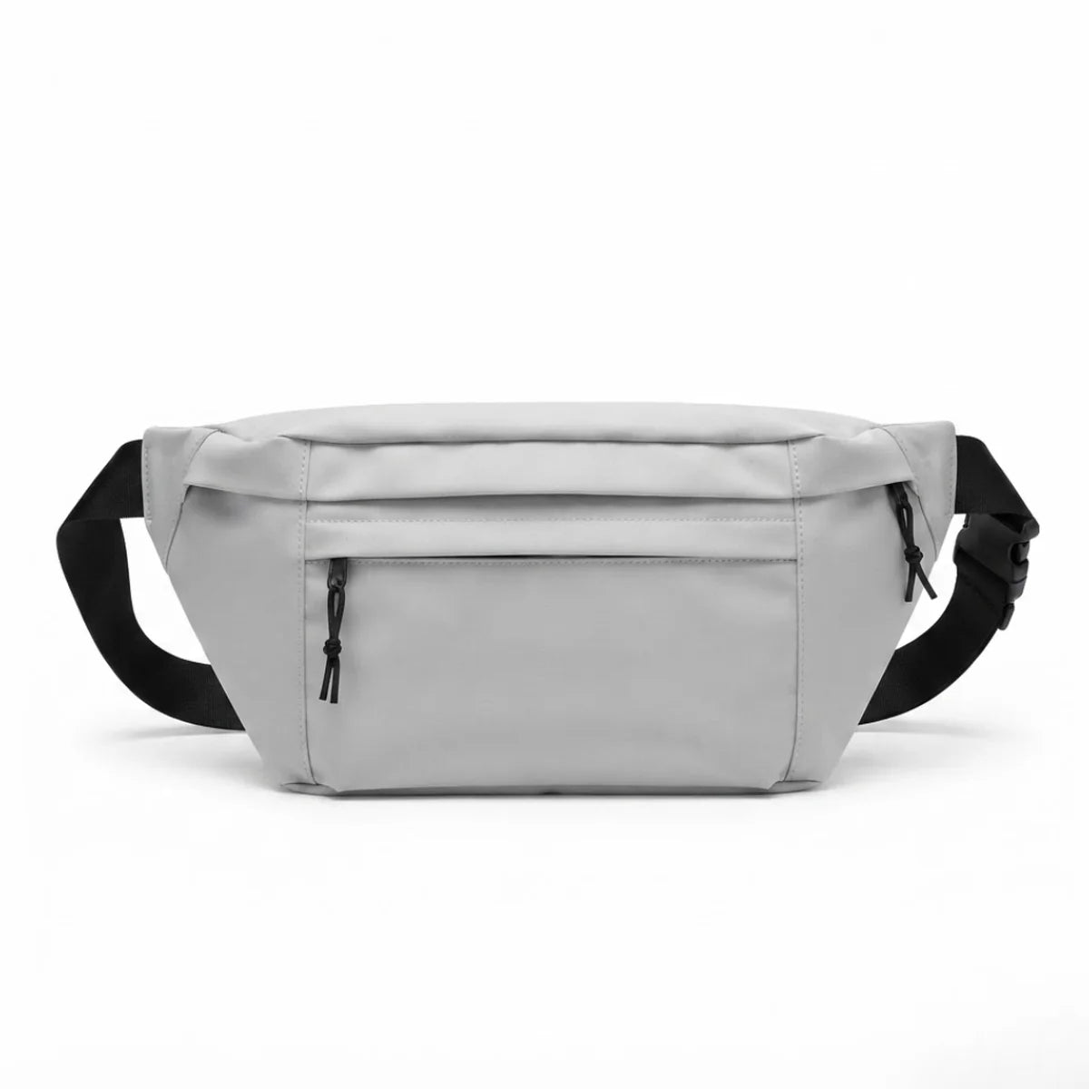 Vue du sac banane à langer grand format en coloris gris clair, présentation frontale sur fond blanc.