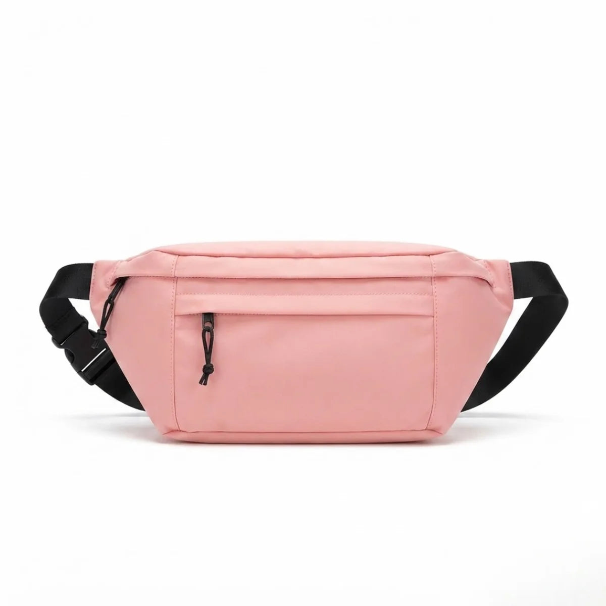 Vue du sac banane à langer grand format en coloris rose poudré, présentation frontale sur fond blanc.